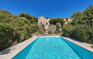 Relax by the serene pool surrounded by lush greenery and traditional architecture.