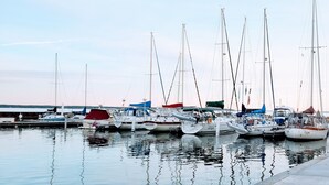Un puerto deportivo con varios veleros amarrados al muelle.