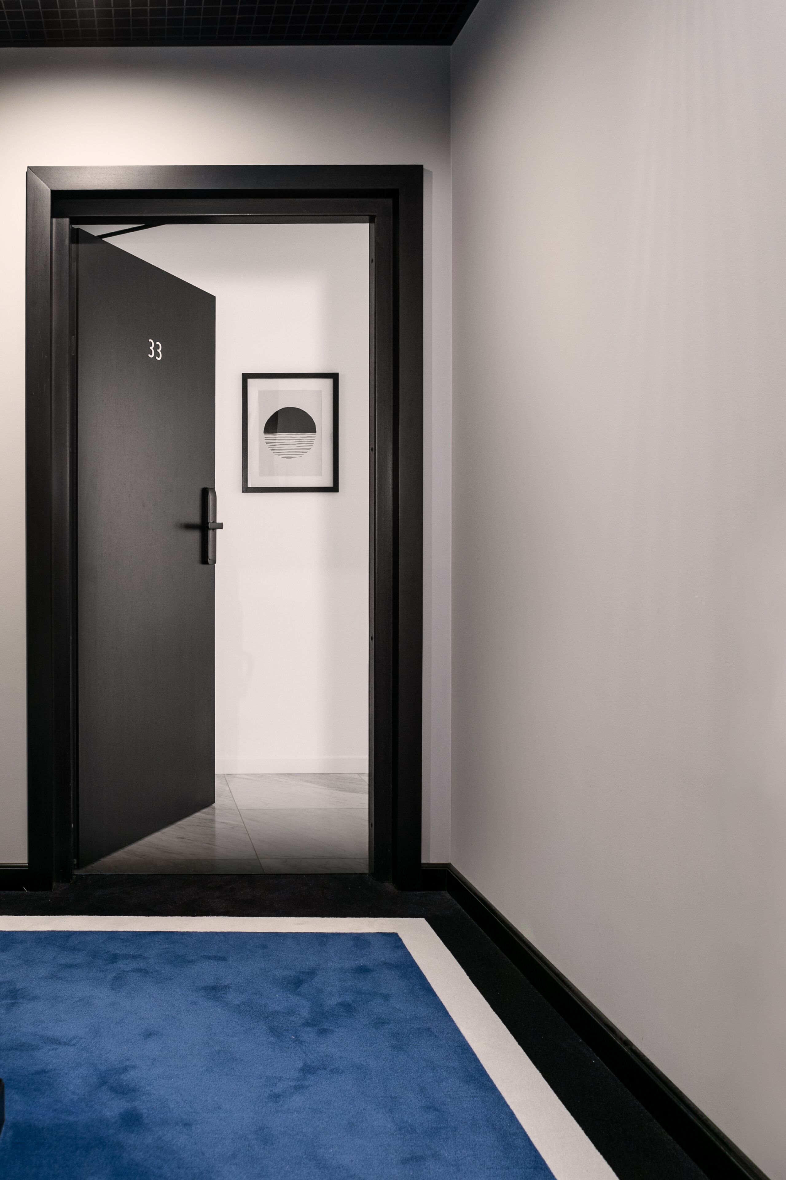 A hallway with a closed door labeled '33', a framed picture on the wall, and a blue carpet.