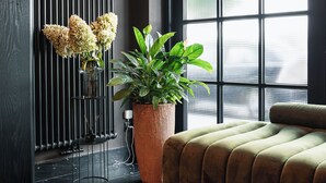 A modern room with a black radiator, a large window with blinds, a green sofa, and a potted plant. - H11 Aparthotel (Kraków)