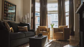 Smart TV, fireplace, books