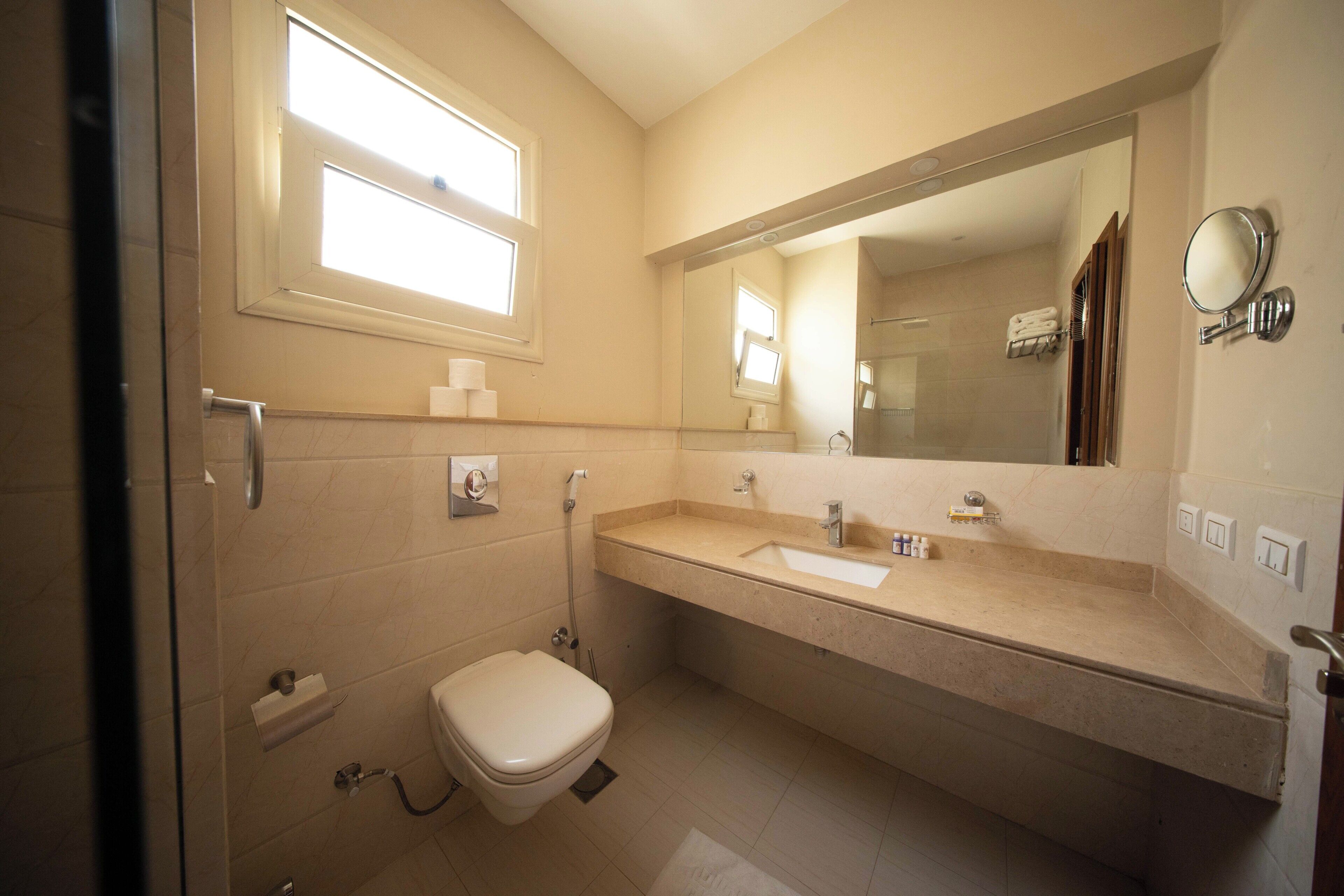 A bathroom with a toilet, sink, mirror, and shower.