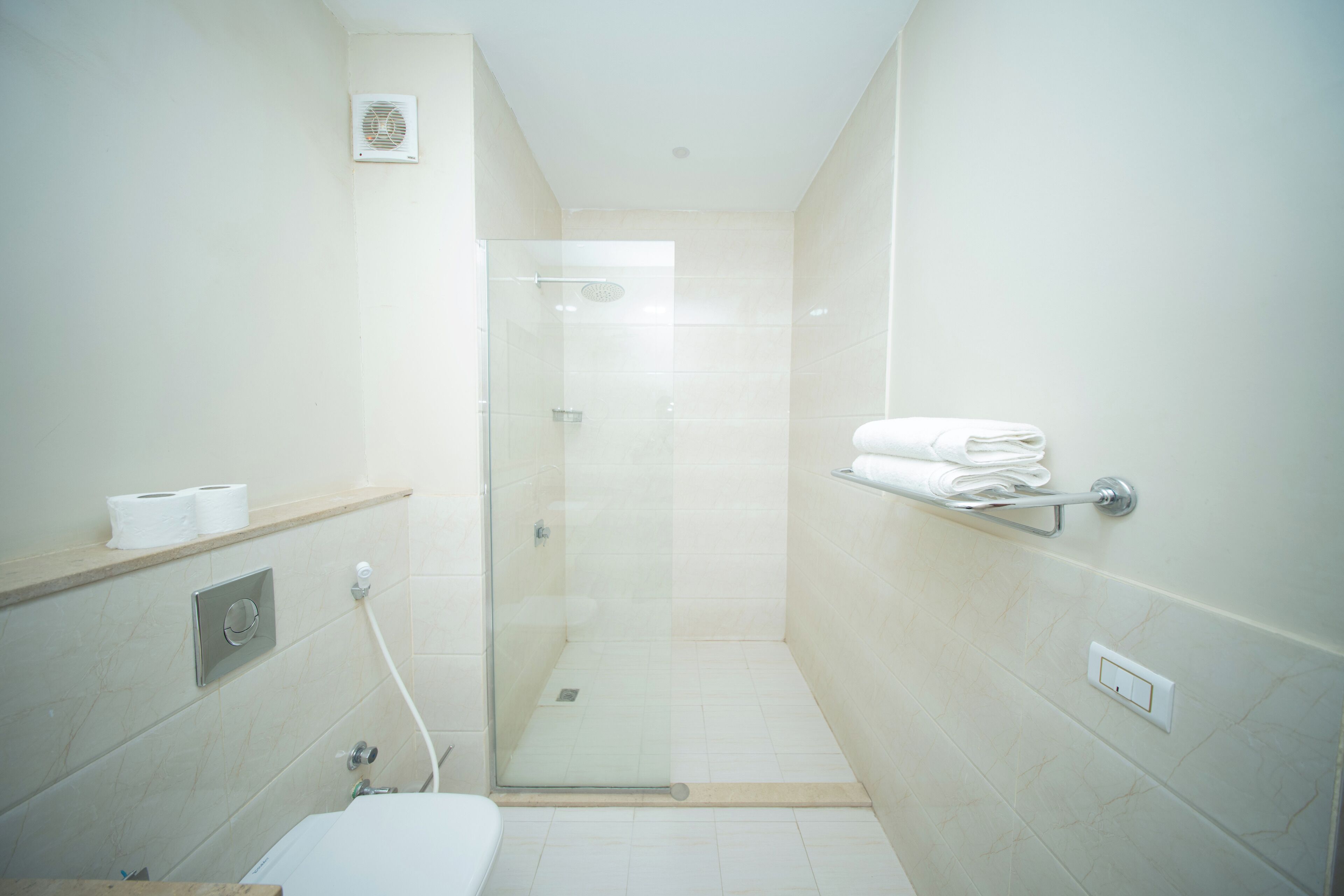 A small, narrow bathroom with a glass shower enclosure, a toilet, and a towel rack.