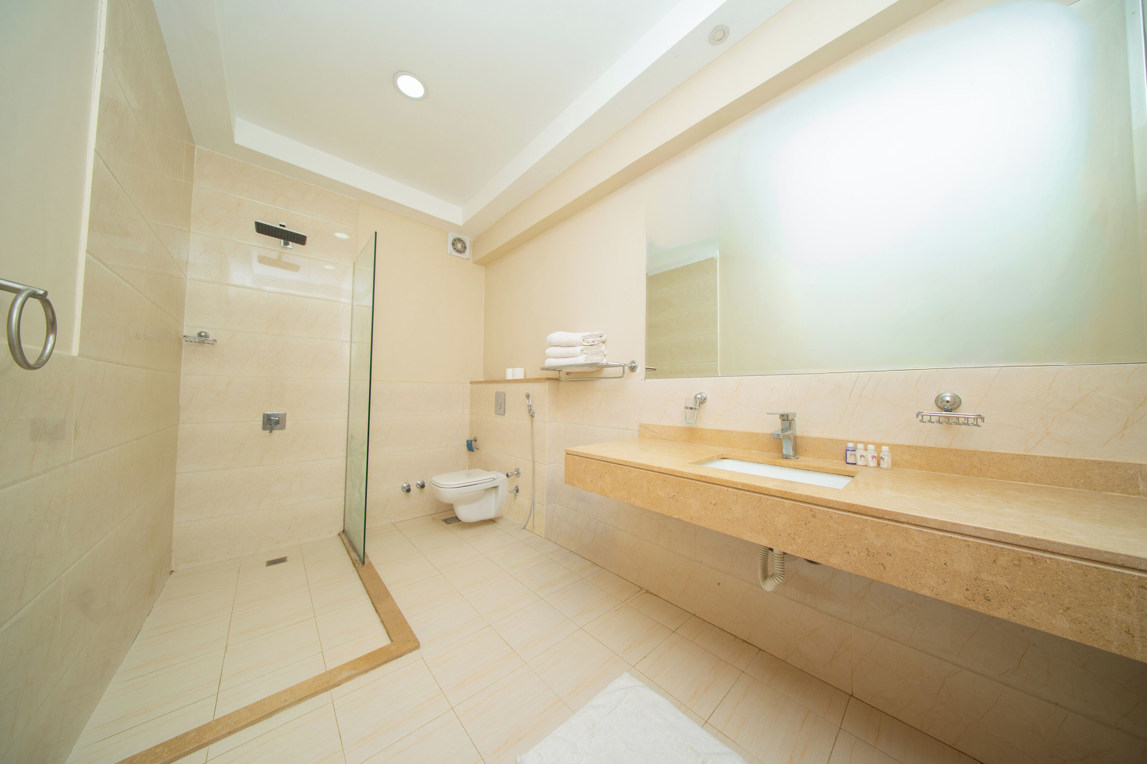 A modern bathroom with a glass shower enclosure, a toilet, a sink with a mirror, and a towel rack.