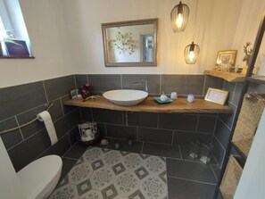 A bathroom with a large mirror, a sink, and a toilet. - An elegant, modern, and spacious home (Tittmoning)