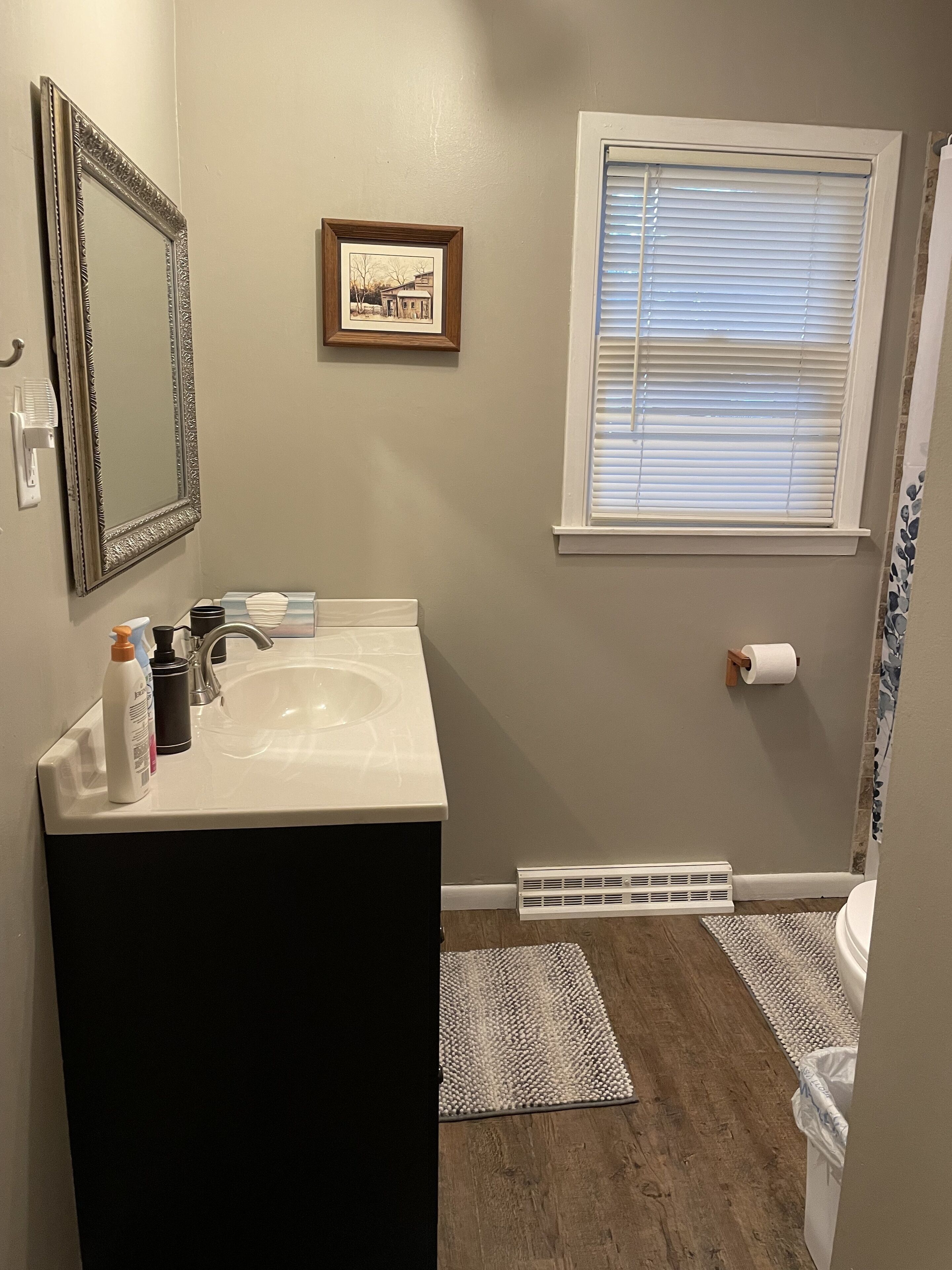 Bañera, secador de pelo, toallas y jabón