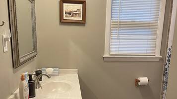 Bathtub, hair dryer, towels, soap