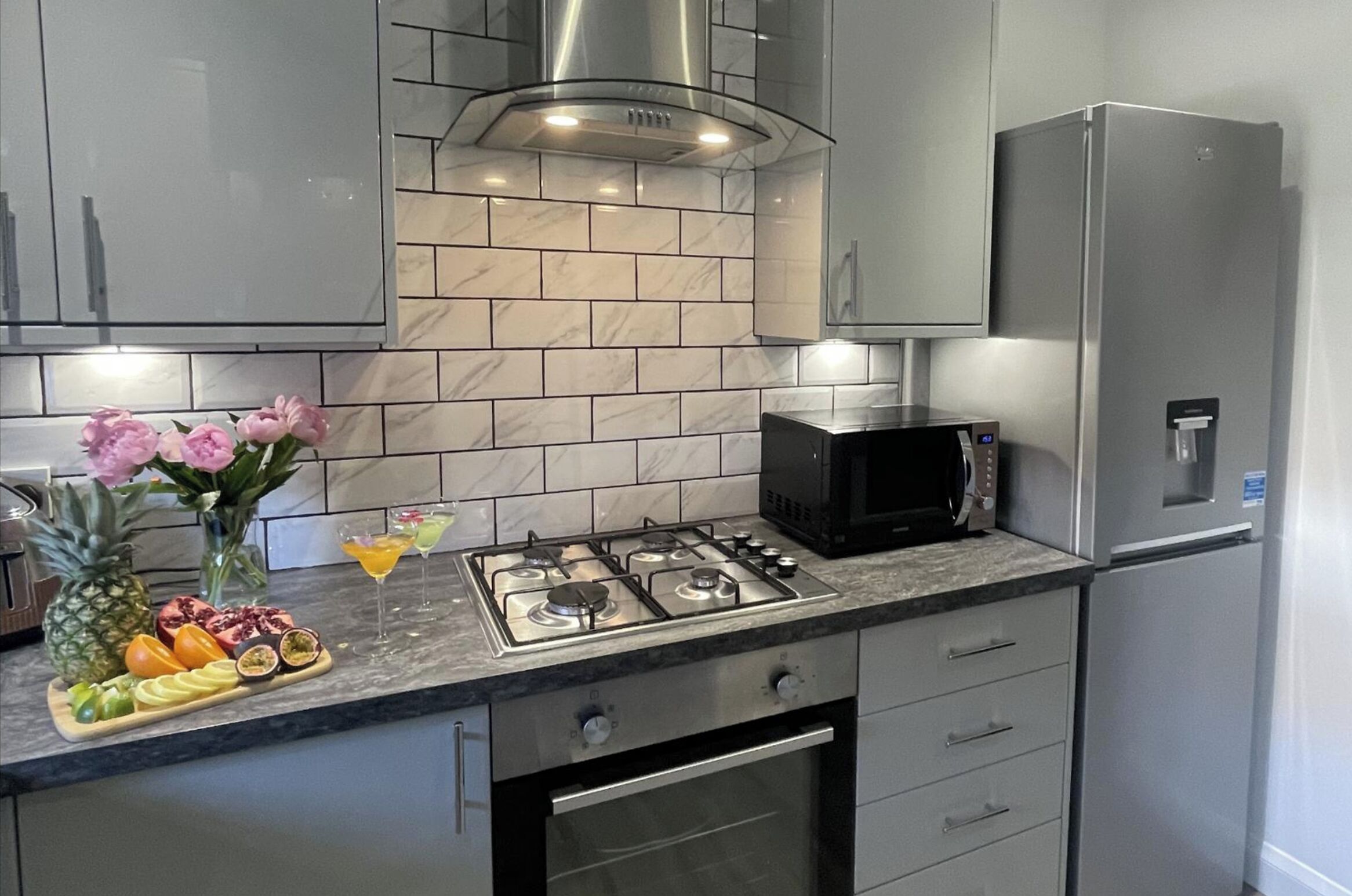 Microwave, stovetop, electric kettle, toaster