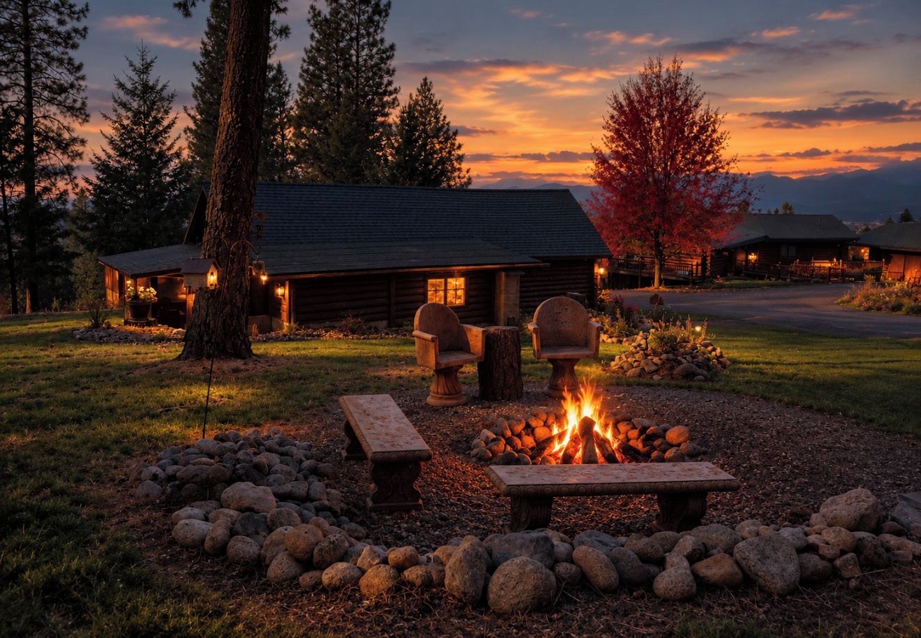 A cabin with a fire pit and seating area, surrounded by a natural landscape.
