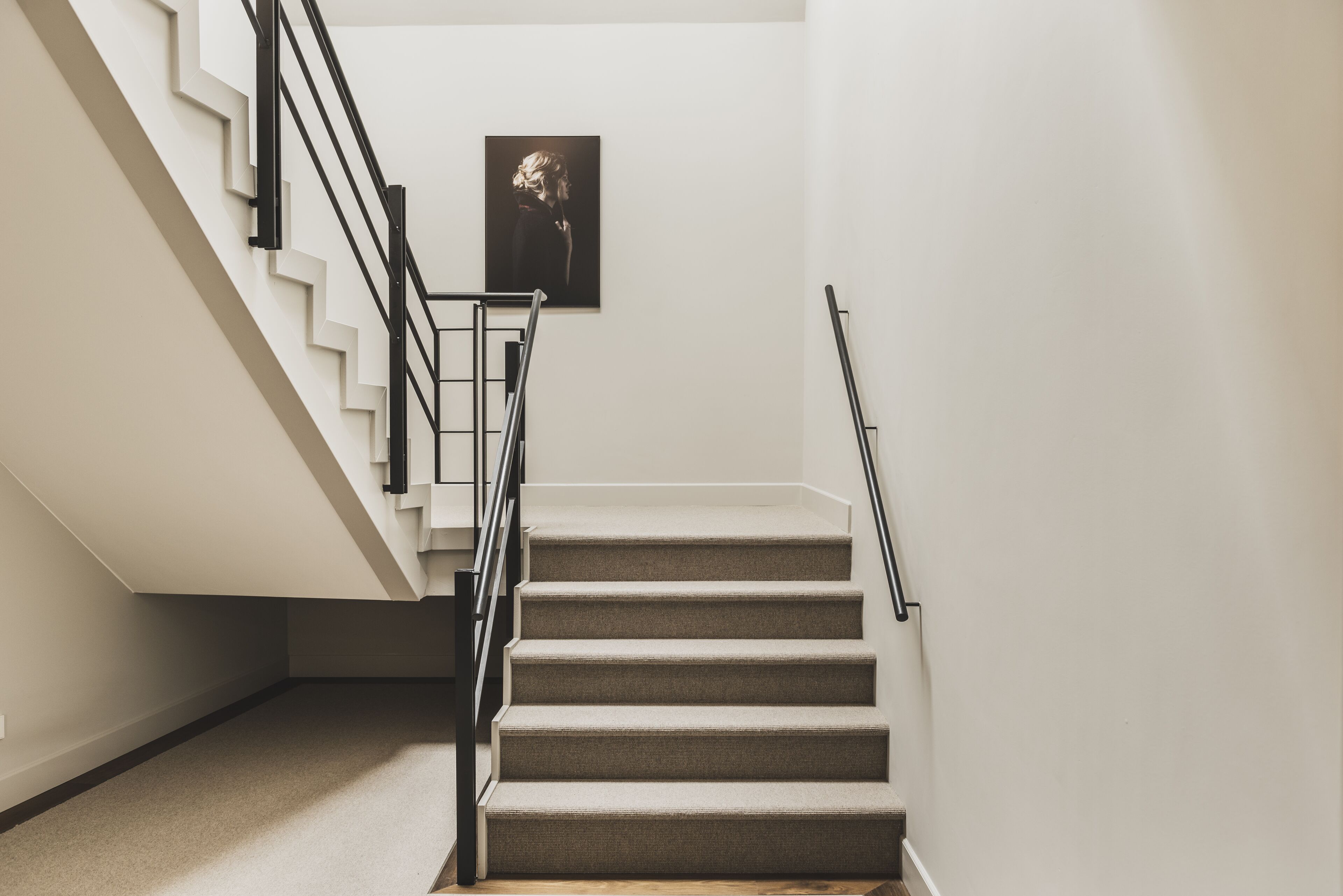 A staircase with a handrail, carpeted steps, and a wall-mounted picture.