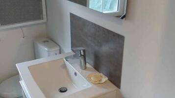 Shower, hair dryer, towels, toilet paper