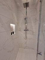 A modern shower with a handheld showerhead and a fixed overhead showerhead, a glass door, and a shelf with toiletries.