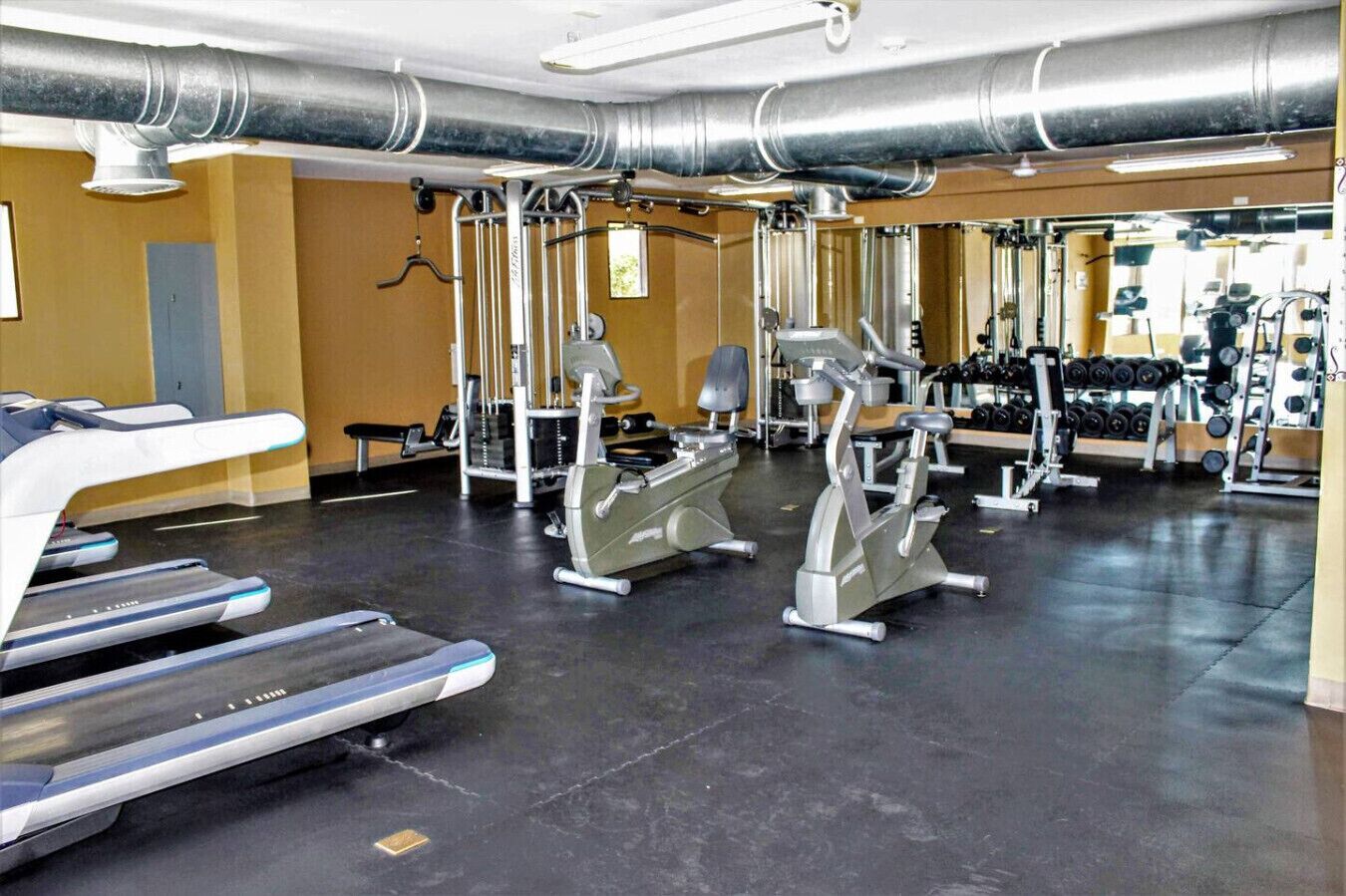 Une salle de sport équipée de tapis de course, de vélos elliptiques et de matériel de musculation.