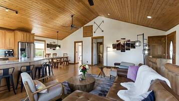 TV, fireplace, books, offices