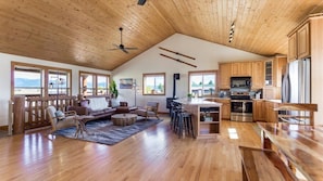 TV, fireplace, books, offices