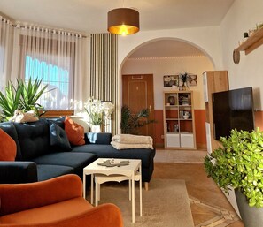Smart-tv, dvd-spelare, böcker och ett filmbibliotek