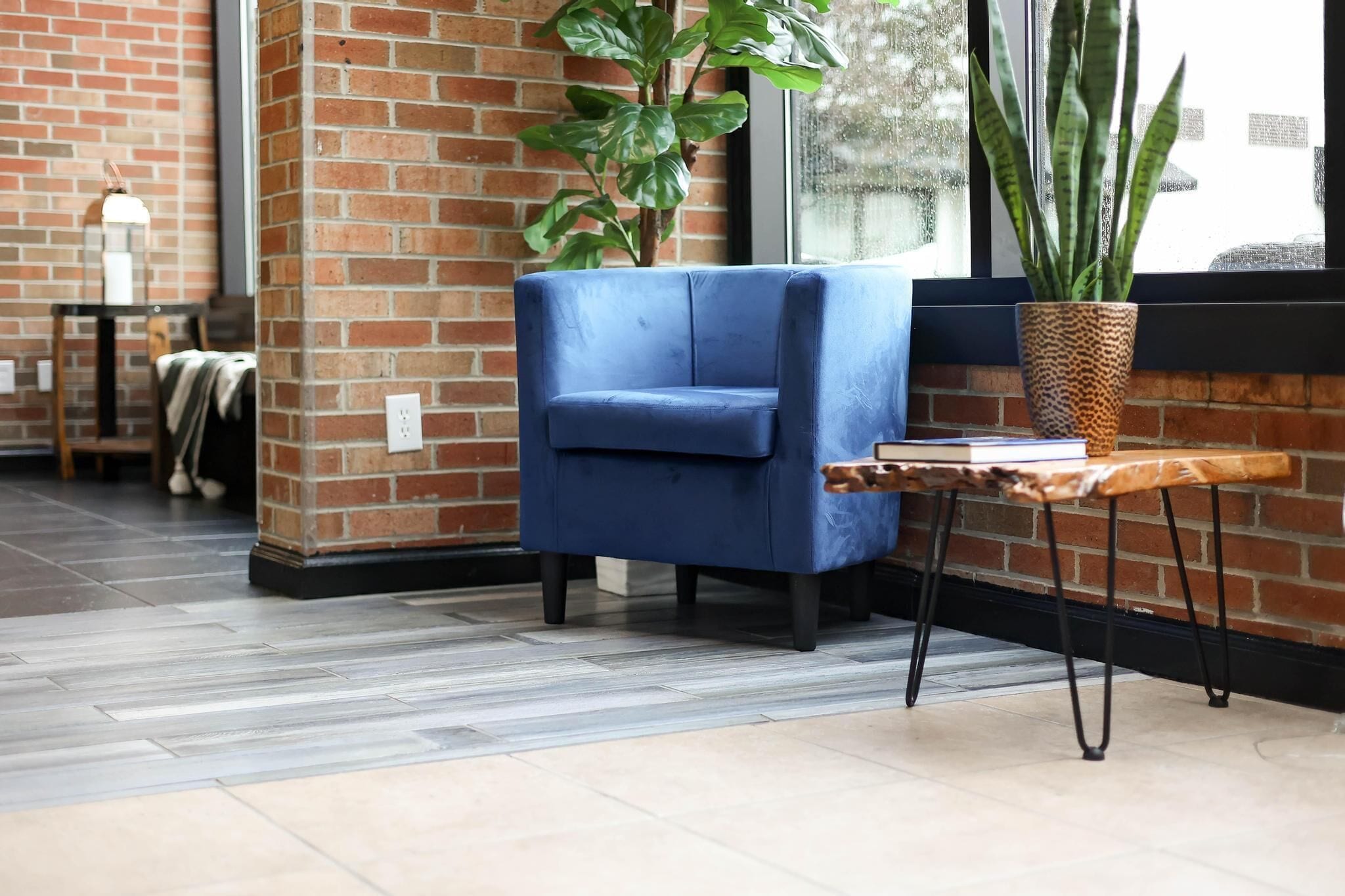 Un sillón azul, una mesa de madera y dos plantas en macetas en una habitación con pared de ladrillo y ventanas amplias.