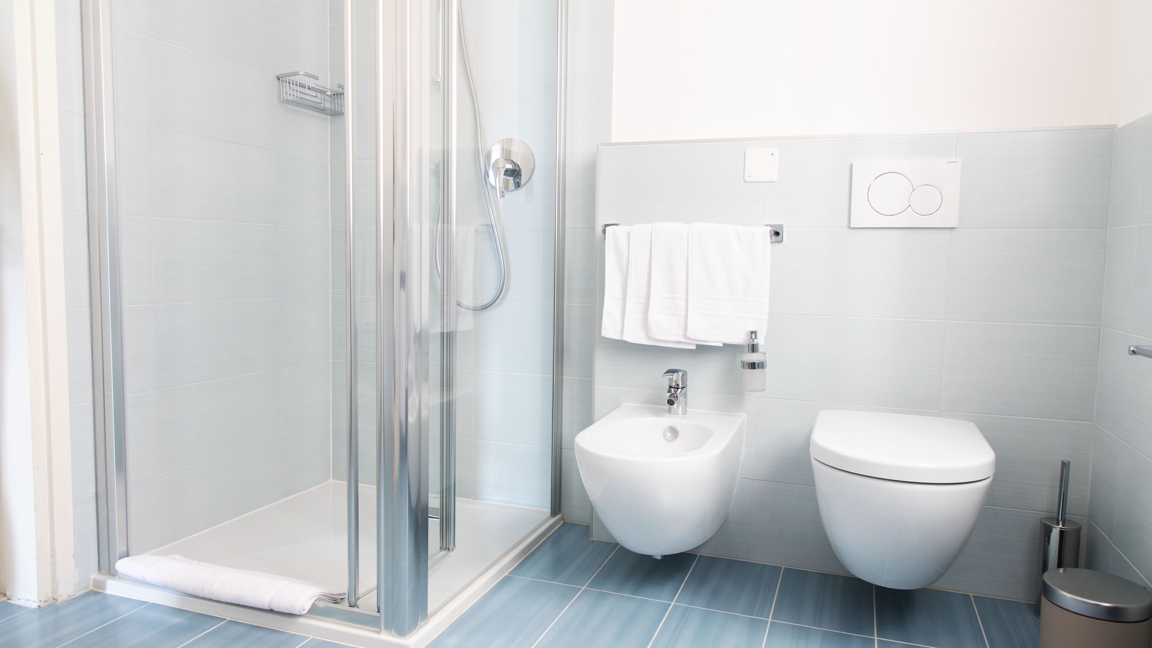 Une salle de bain moderne avec une douche à parois de verre, un bidet et des toilettes.