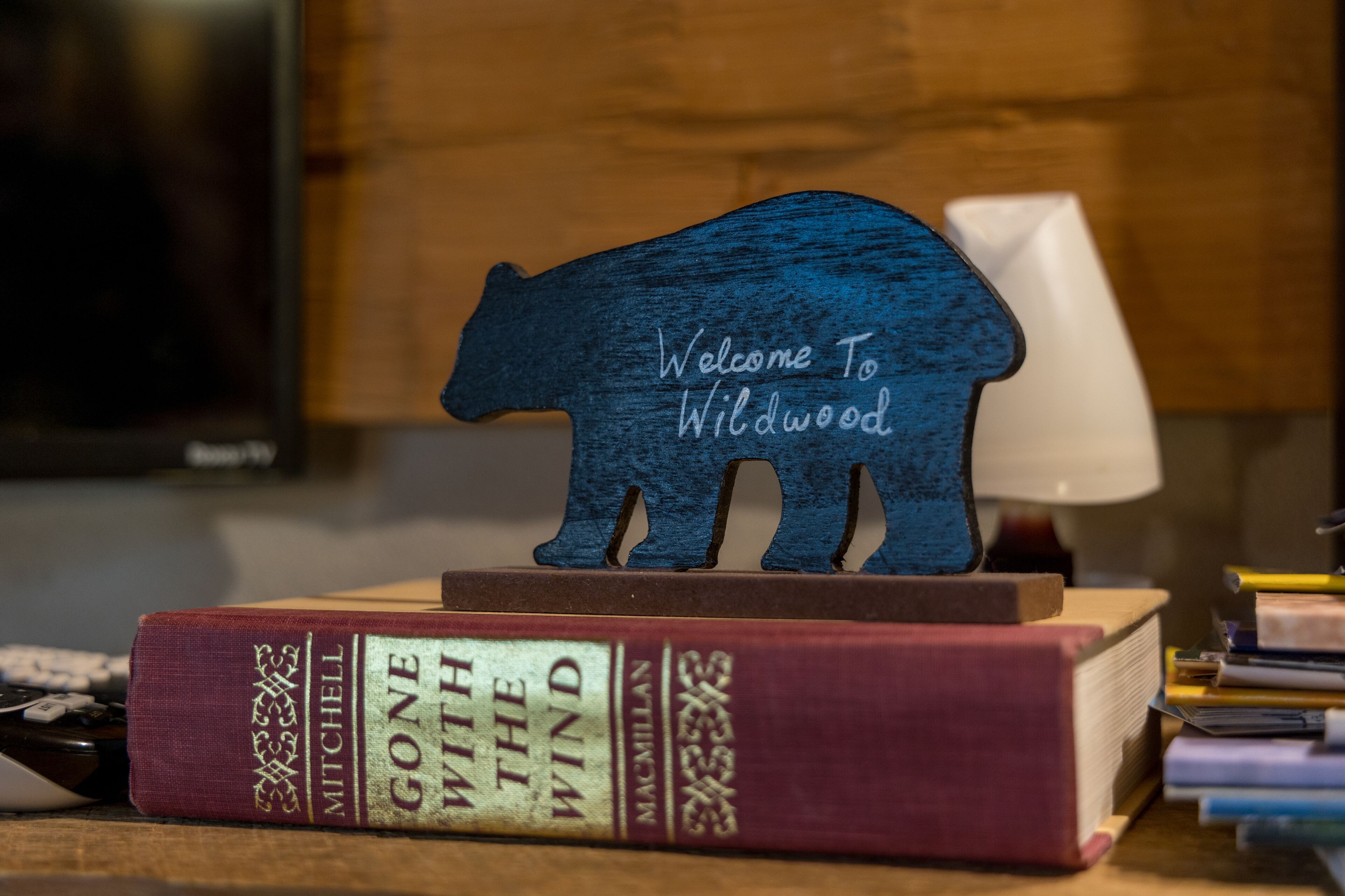 A wooden sign with a bear and the text "Welcome to Wildwood" on a stack of books.