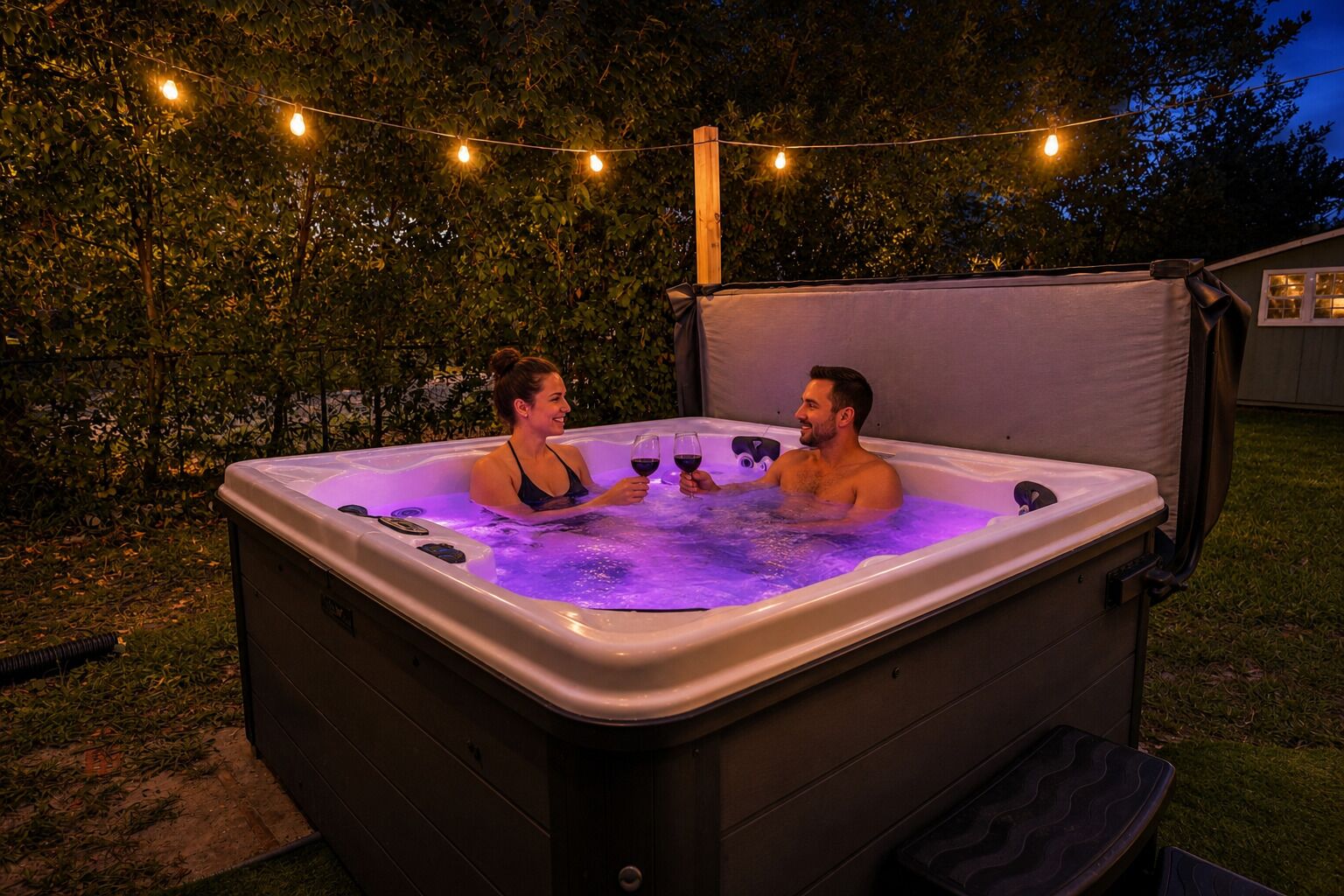 Un bain à remous où se trouvent deux personnes, entouré d’une guirlande de lumières et d’arbres.