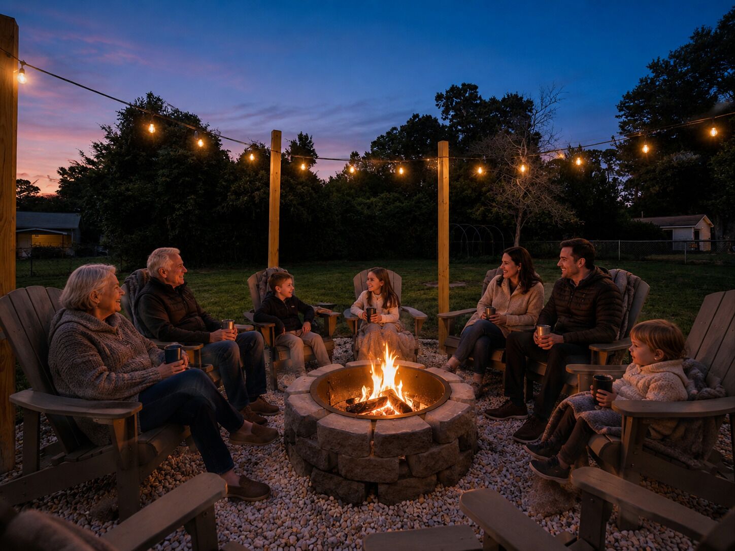 A group of people seated around a stone fire pit in an outdoor setting.