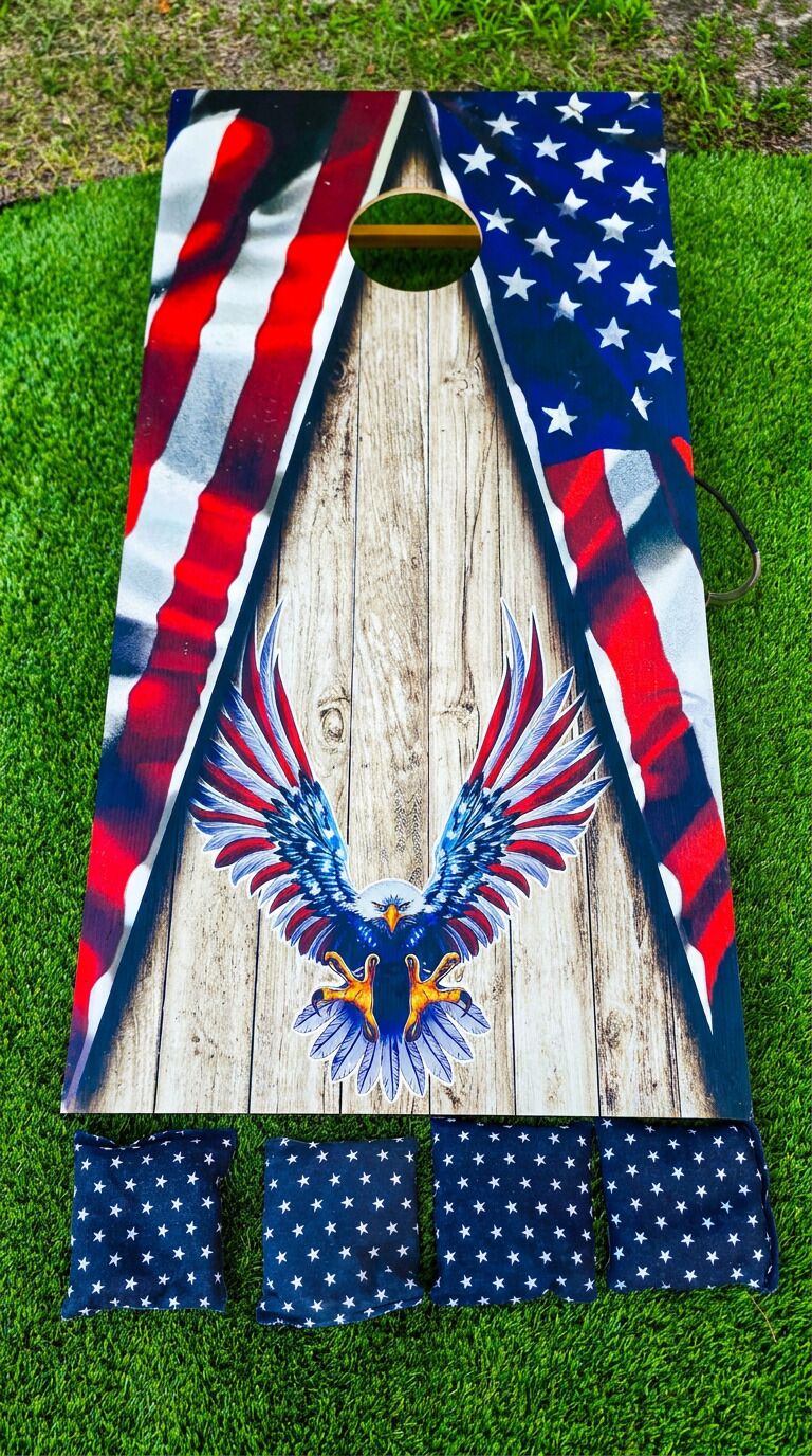 A wooden structure with an eagle design and American flag patterns.