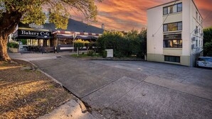 Una cafetería panadería con terraza, un árbol y un edificio moderno al fondo.