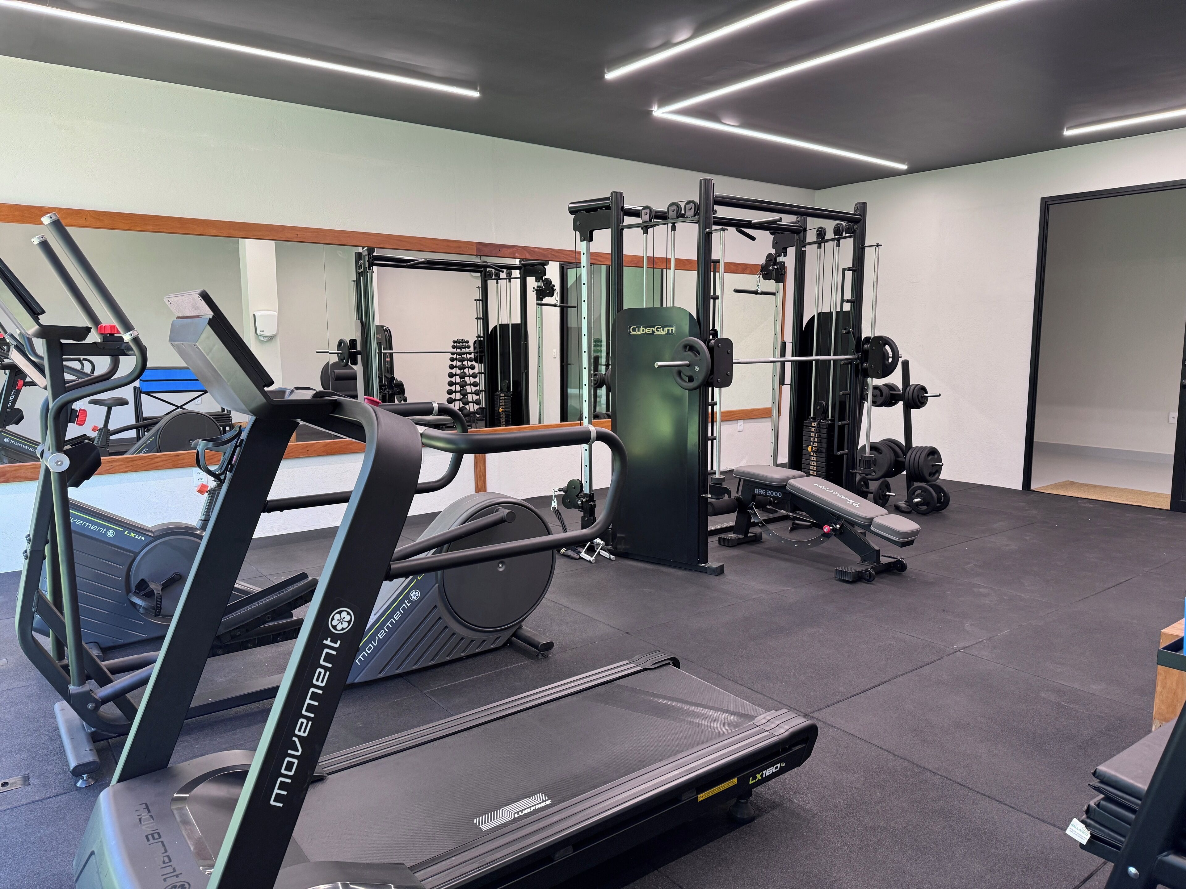 Uma academia com esteiras, máquinas de musculação e pesos livres.