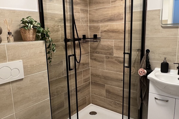 Shower, eco-friendly toiletries, hair dryer, towels
