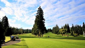 A golf course with a well-maintained green, trees, and a clear sky.
