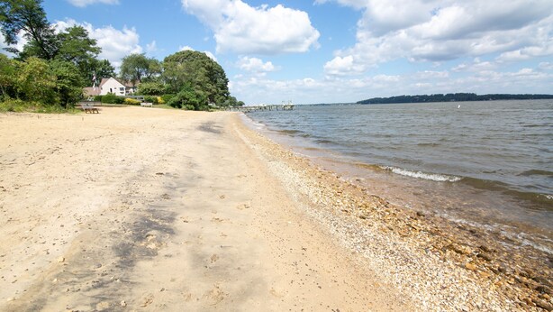 A beach with a wooden pier extending into calm waters, surrounded by greenery and a clear sky. - Firefly Cottage at the Cape, Hot Tub, Community beach, Boat Show, USNA Football. (Annapolis)