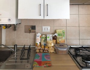 Kühlschrank, Mikrowelle, Herdplatte, Wasserkocher mit Kaffee-/Teezubehör