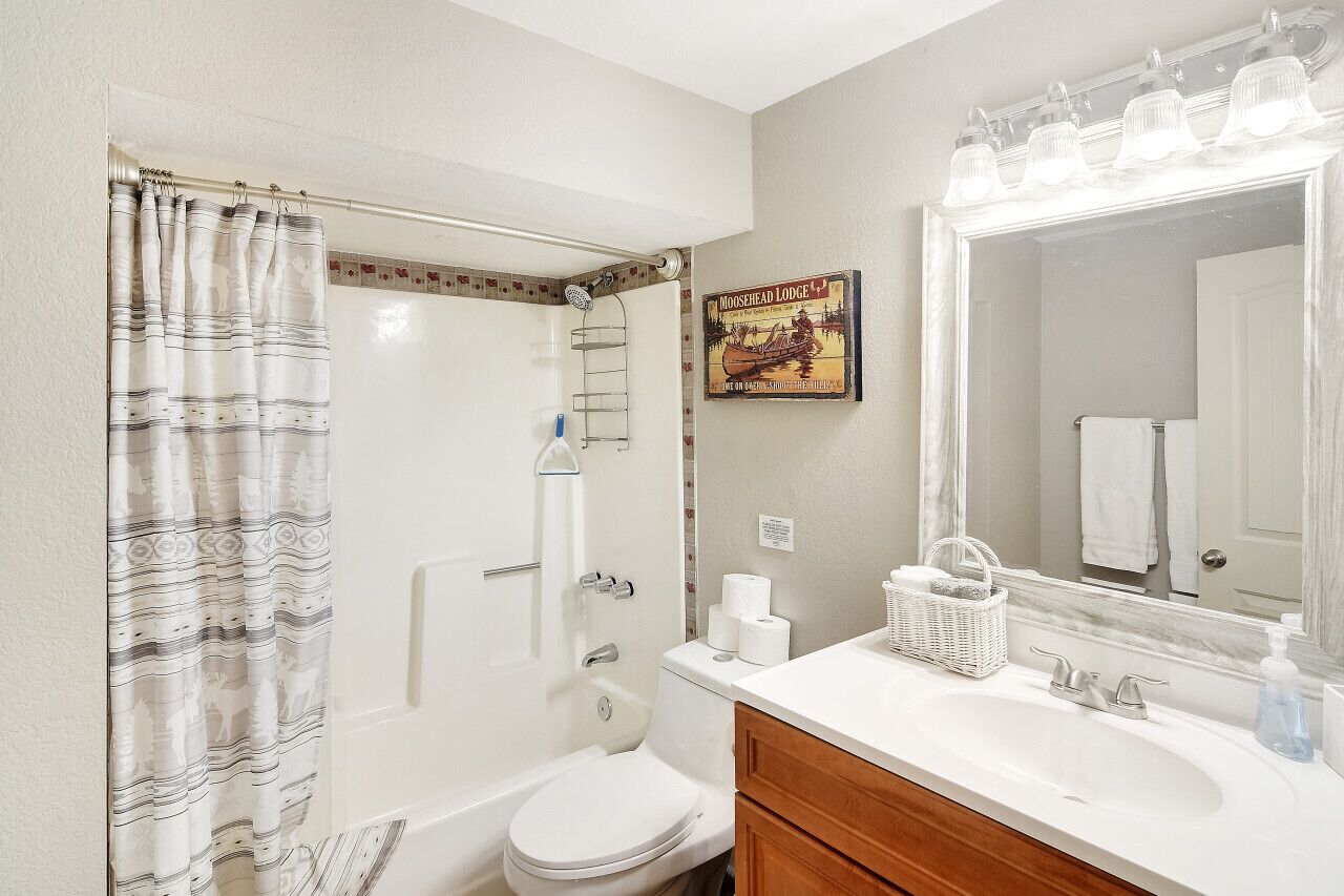 A bathroom with a shower, toilet, sink, and a large mirror.