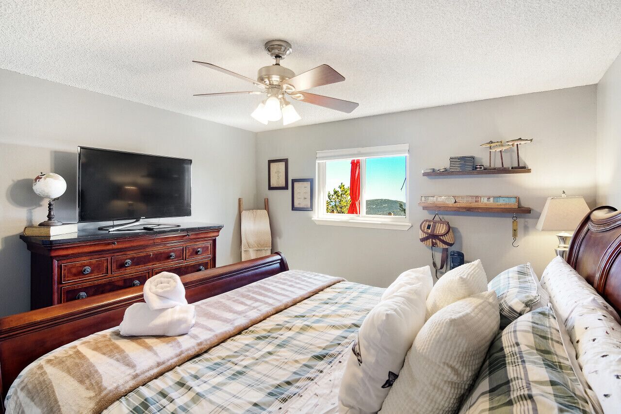 A bedroom with a bed, a dresser, a television, a window with a view, and a ceiling fan.