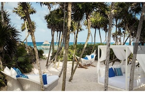 Relax in comfort on the beach with our lounge chairs, surrounded by palm trees and the soothing ocean.