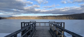 Cozy cabin with deck and fireplace steps from White Pond Lake. Dog friendly. 