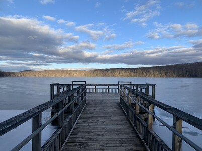 Cozy cabin with deck and fireplace steps from White Pond Lake. Dog friendly. 