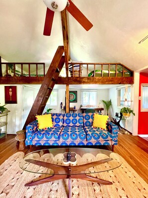 Smart TV, fireplace, books, music library