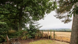 A bench under a tree in a grassy area with a fence and a view of a field and hills in the distance. - 6 Old Orchard (Much Wenlock)