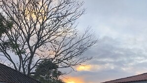 Un jardín con un pabellón, césped y vistas al atardecer.