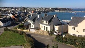 Une zone résidentielle côtière comprenant des maisons, un port de plaisance et des bateaux.