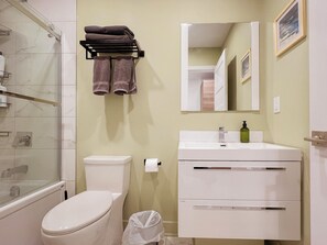 Tina con regadera, secadora de cabello, toallas, jabón 