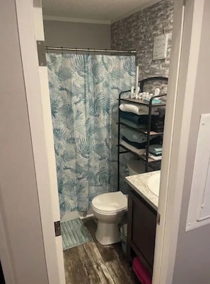 Bañera con ducha, secador de pelo, toallas, jabón