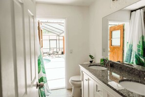 Bathroom features a large mirror, granite countertop, and a potted plant.