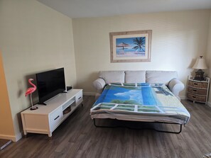 A bedroom with a bed, a television on a nightstand, a framed picture on the wall, and a lamp on a side table. -   Venice Island...Studio  just for one person (pets  friendly)  (Venice)