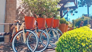 A bicycle with baskets parked on a wooden deck, surrounded by potted plants and a clear blue sky. - Pousada Victoria Villa Campos do Jordão (Campos do Jordão)