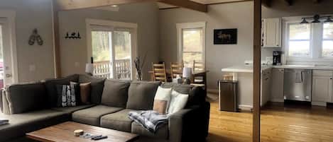 Smart TV, fireplace, table football, books