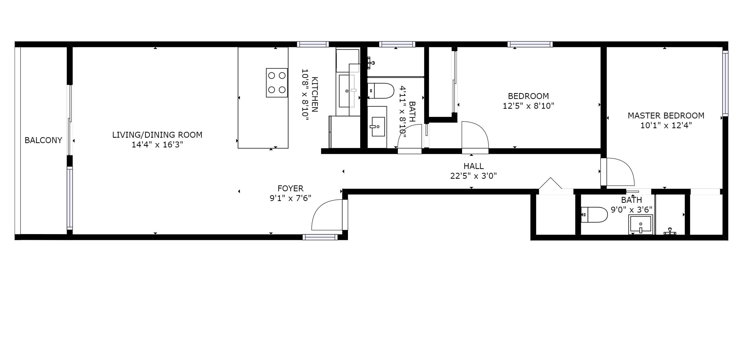 Plano de planta de una habitación de hotel que muestra un balcón, sala de estar/comedor, vestíbulo, cocina, dormitorios y baño.