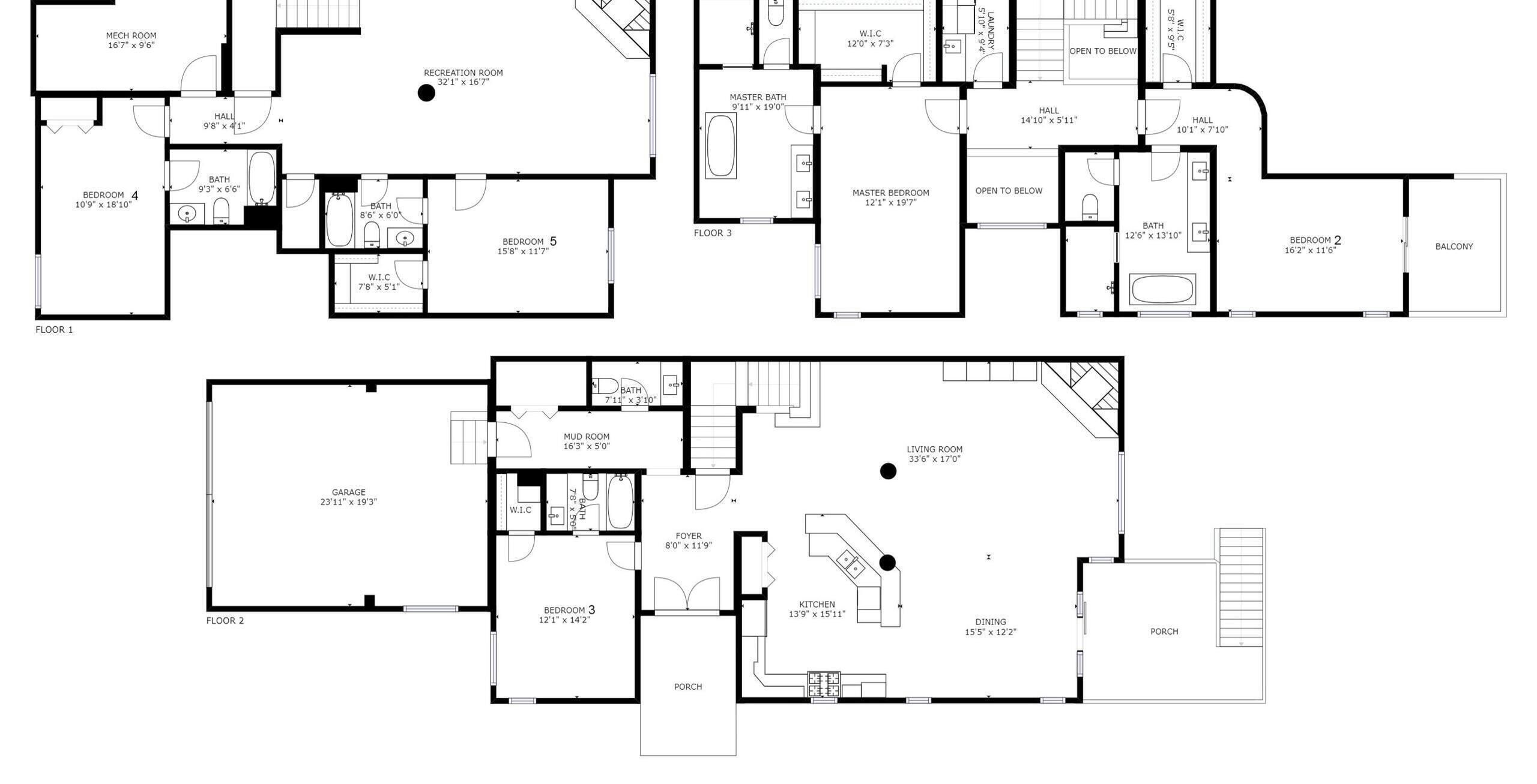 A floor plan with three bedrooms, two bathrooms, a kitchen, dining area, living room, and a garage.