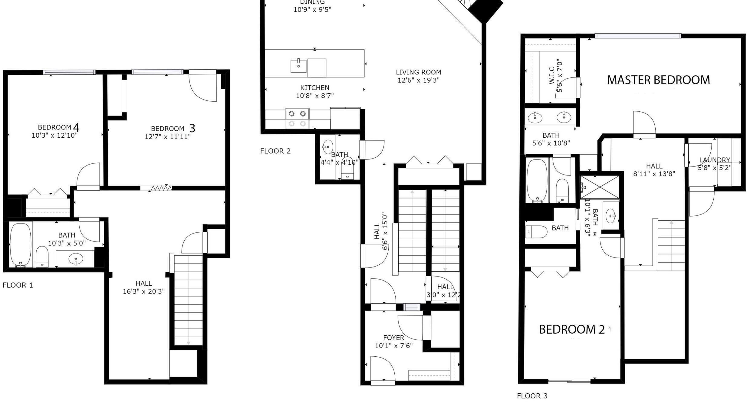 A floor plan with three bedrooms, two bathrooms, a kitchen, dining area, living room, and two halls.